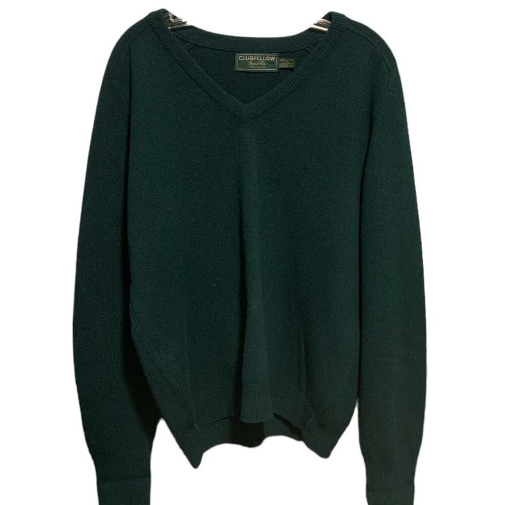 Men's CLUBFELLOW Marshall Fields Size XL Lambswool V-Neck Sweater Green Classic